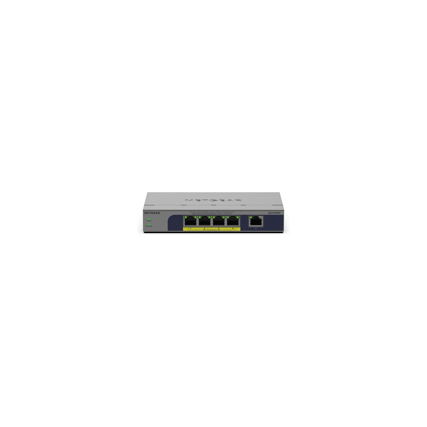 NETGEAR GS105PP - Switch - unmanaged - 1 x 10 100 1000 + 4 x 10 100 1000 (PoE+) - Desktop. wandmontierbar - PoE+ (83 W)