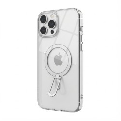 Case aus 10H Hartglas mit Kickstand für Apple iPhone 16. Transparent Silber. GA-MAGCS-IP24-SLS61WHT