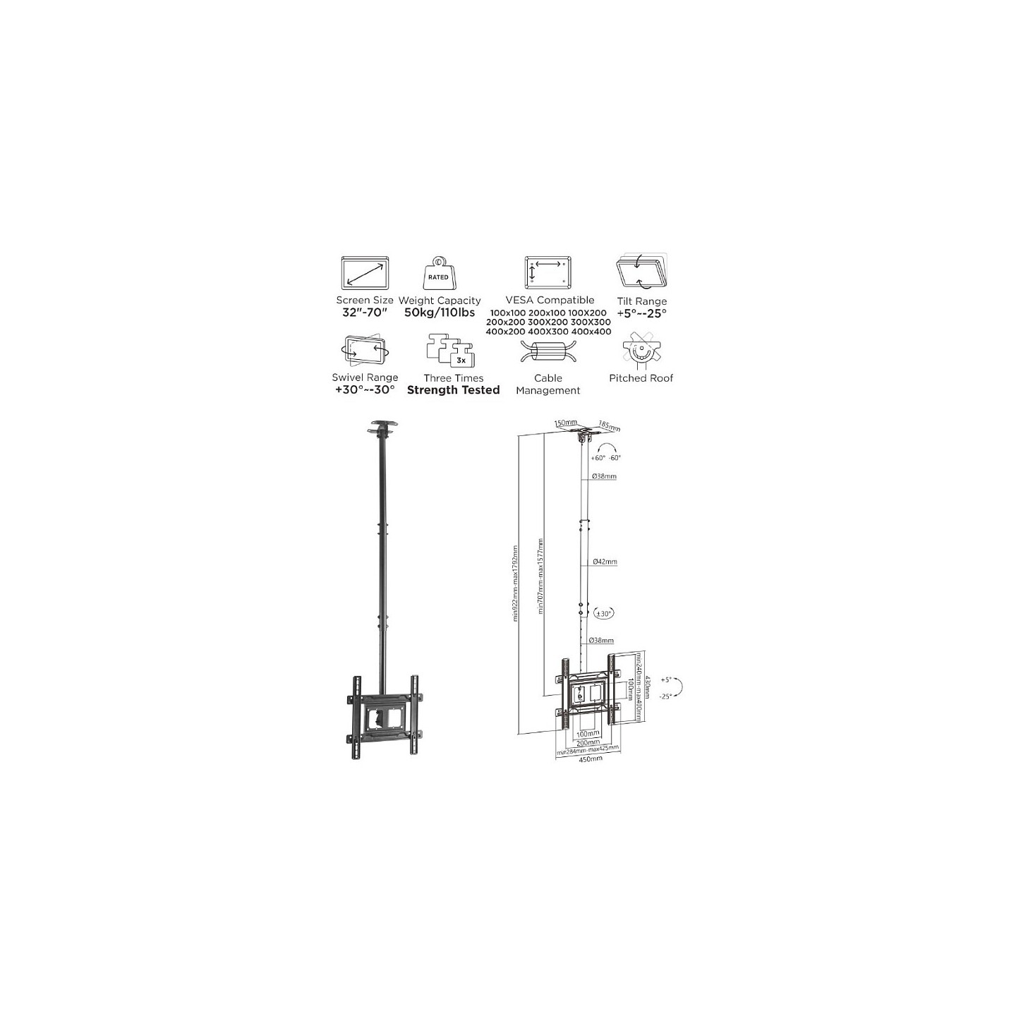 Equip Deckenhalterung 32'-70' 1TFT 50kg 1Gelenk neig. sw lite Retail — Buy in Cyprus with Fast Delivery