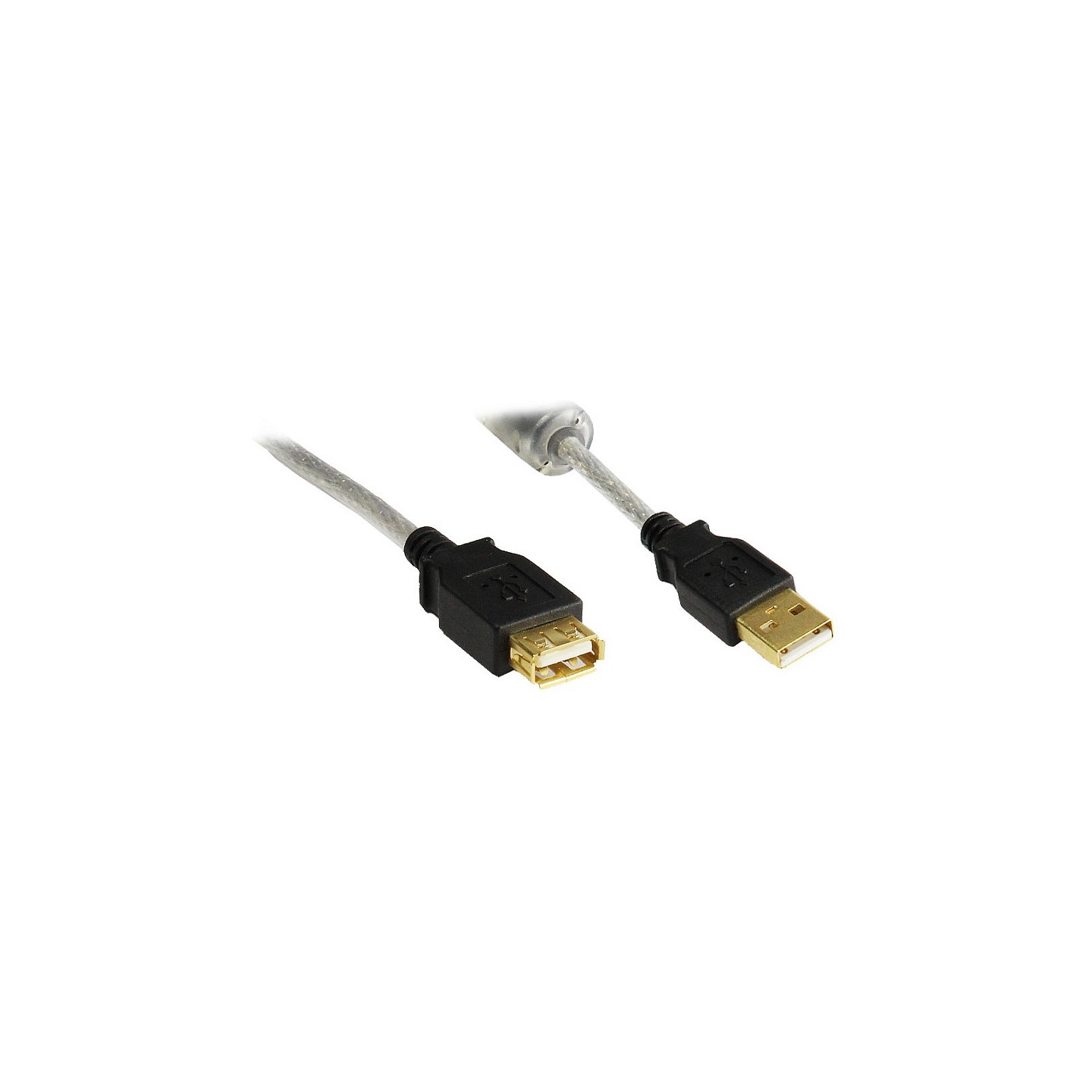 Verlängerung USB 2.0 Stecker A an Buchse A. High Quality mit Ferritkern und Goldkontakten. transparent. 5m.
