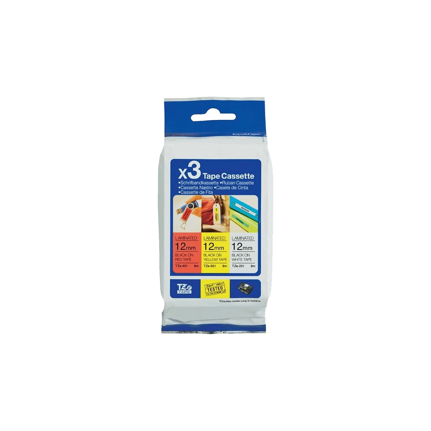 BROTHER TZE31M3 Schriftbandkassette 12mmx8m 3er Pack TZ231 weiss schwarz TZ431 rot schwarz TZ631 gelb schwarz laminiert
