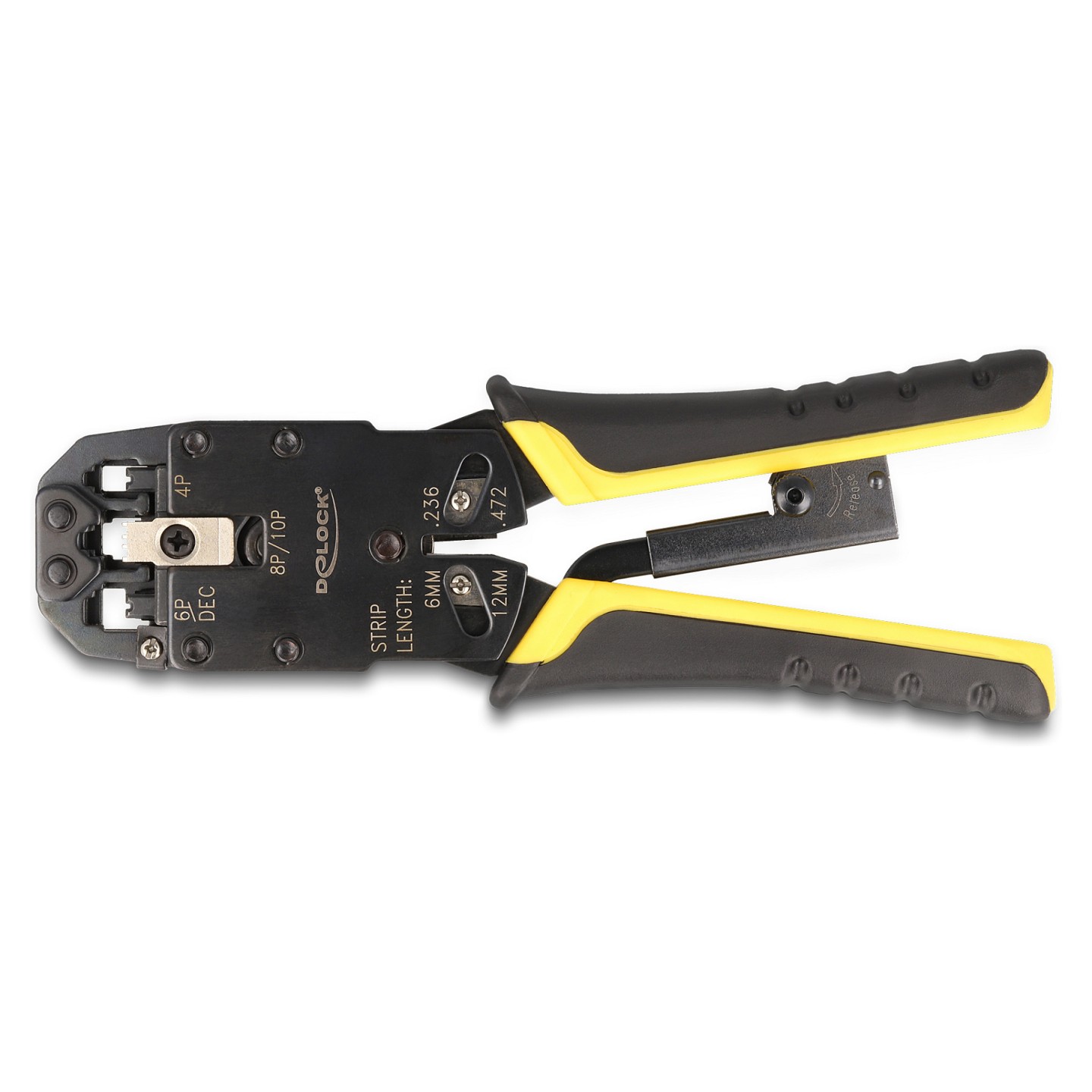 Universelle Crimpzange mit Abisolierer für 10P (RJ50). 8P (RJ45). 6P (RJ12 11). 6P DEC oder 4P Modular Stecker