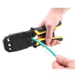 Universelle Crimpzange mit Abisolierer für 10P (RJ50). 8P (RJ45). 6P (RJ12 11). 6P DEC oder 4P Modular Stecker