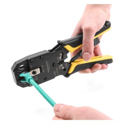 Universelle Crimpzange mit Abisolierer für 10P (RJ50). 8P (RJ45). 6P (RJ12 11). 6P DEC oder 4P Modular Stecker