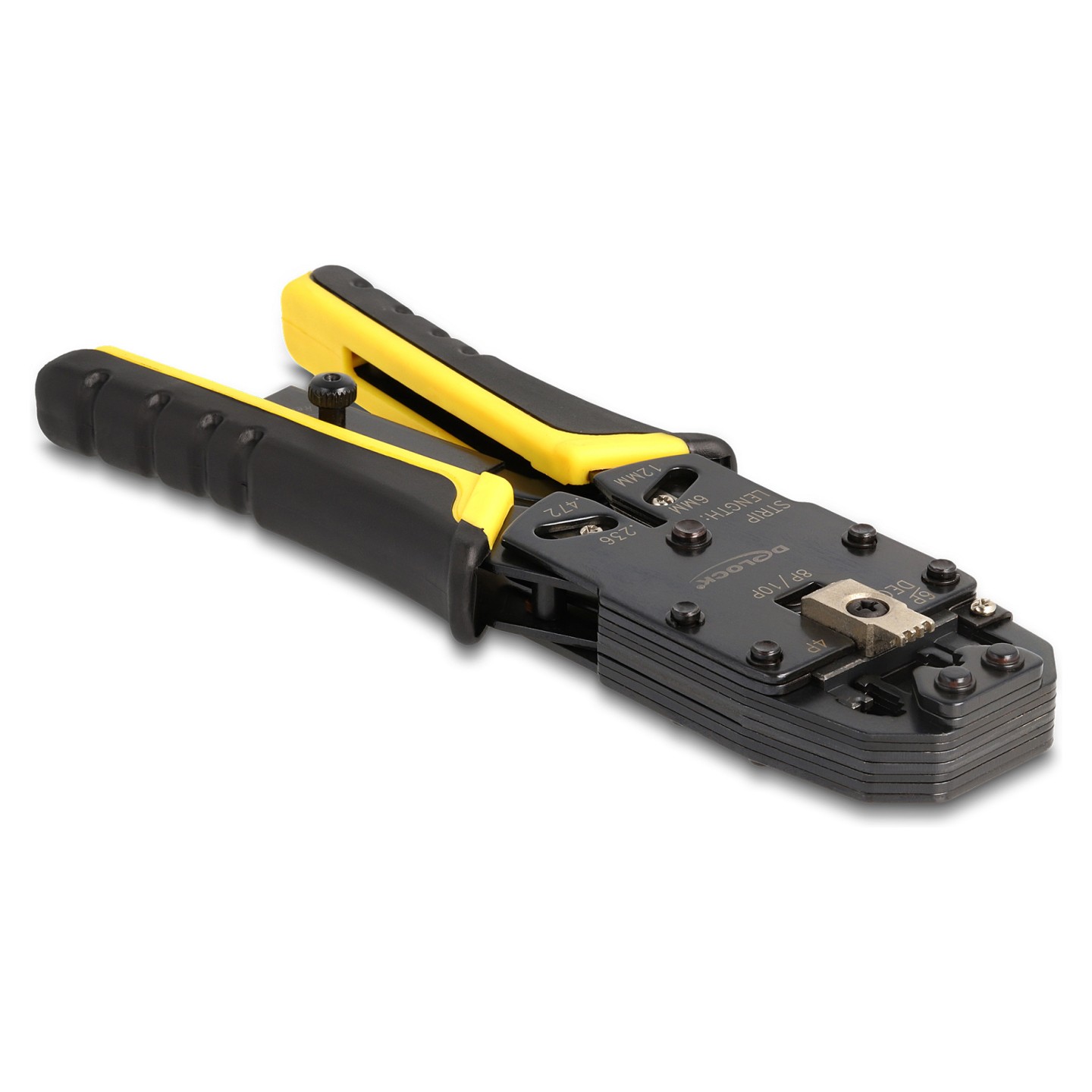 Universelle Crimpzange mit Abisolierer für 10P (RJ50). 8P (RJ45). 6P (RJ12 11). 6P DEC oder 4P Modular Stecker