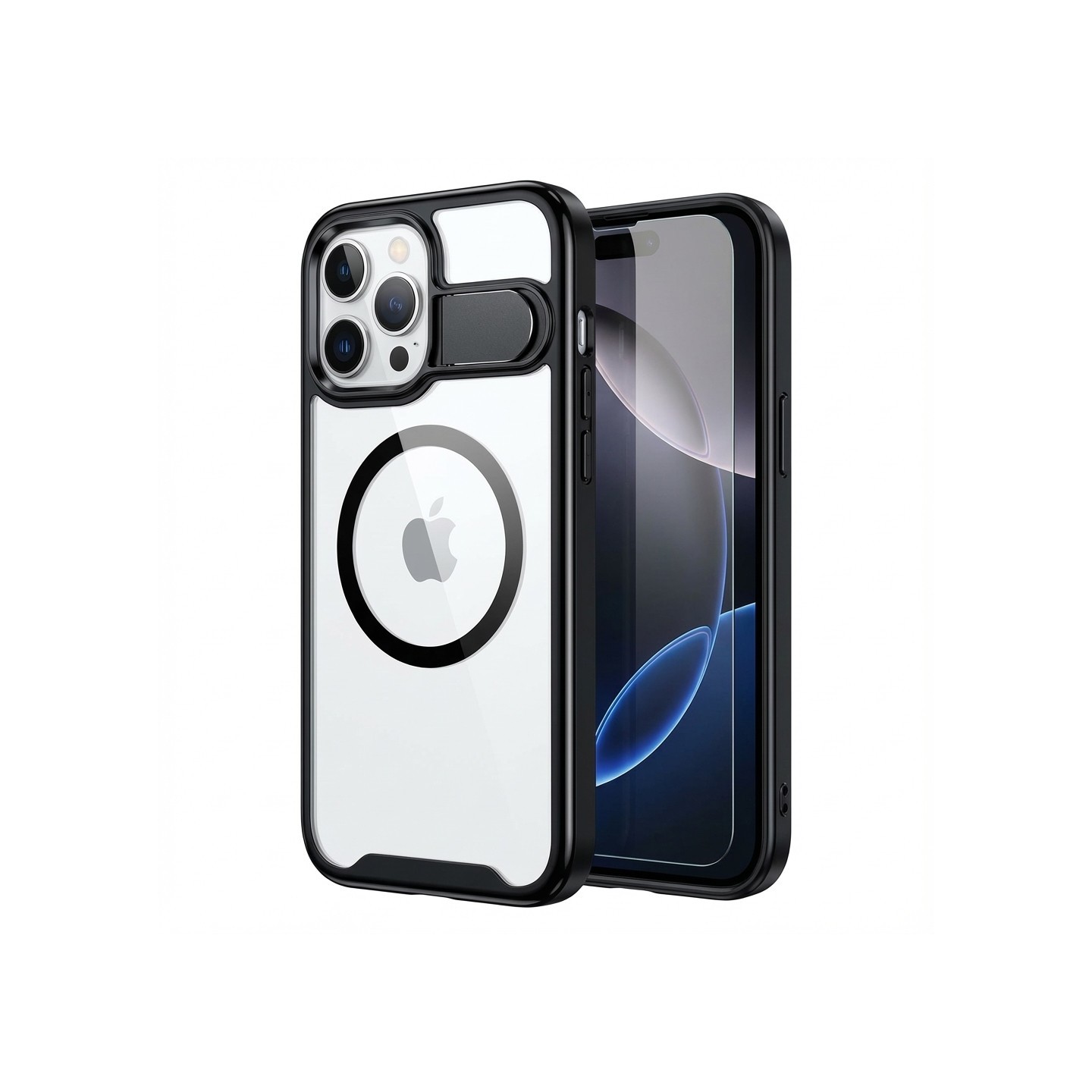 Case aus 10H Hartglas mit Kickstand für Apple iPhone 16 Plus. Transparent Schwarz. GA-MAGCS-IP24-BLS67BLK