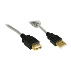 Verlängerung USB 2.0 Stecker A an Buchse A. High Quality mit Ferritkern und Goldkontakten. transparent. 3m.