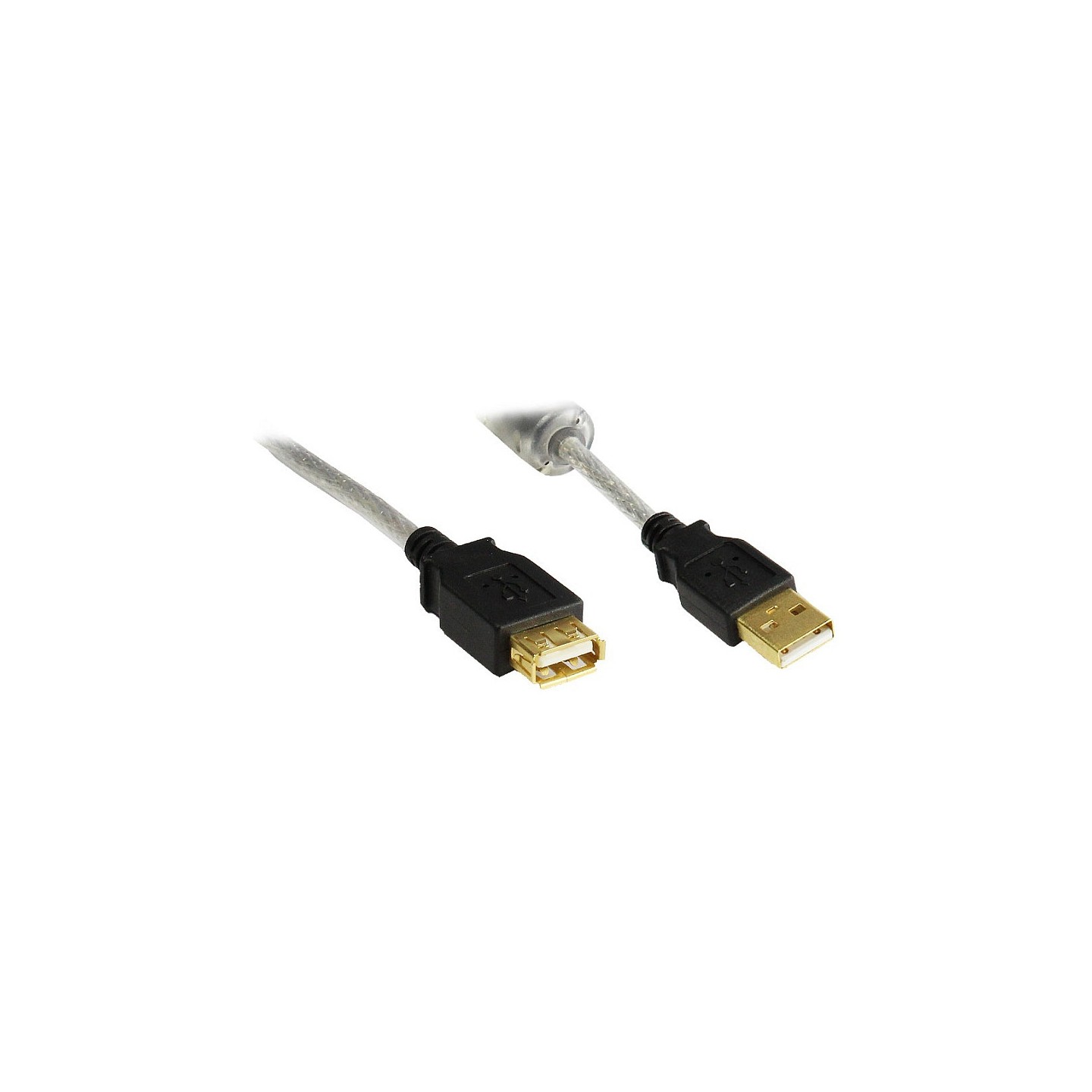 Verlängerung USB 2.0 Stecker A an Buchse A. High Quality mit Ferritkern und Goldkontakten. transparent. 3m.