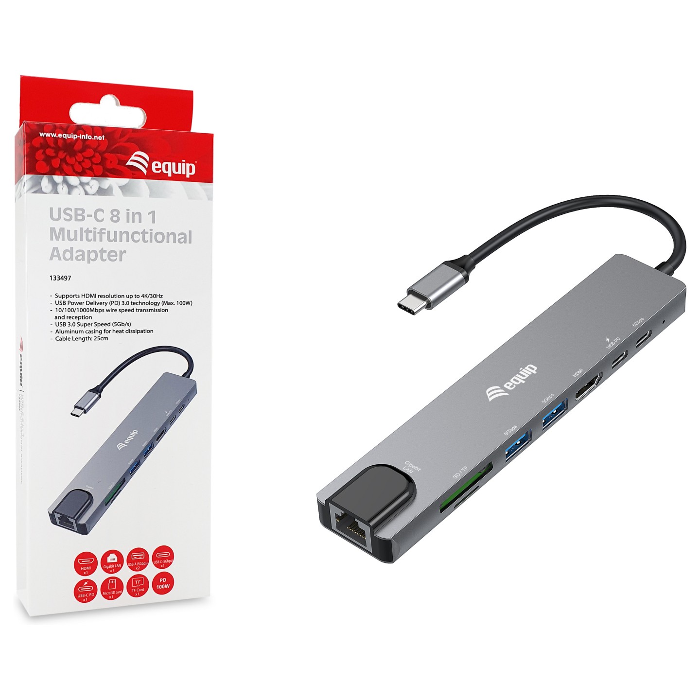 Equip Adapter USB-C - to HDMI.GbE.3xUSB3.2 Gen1.SD TF.PD 100W — Buy in Cyprus with Fast Delivery