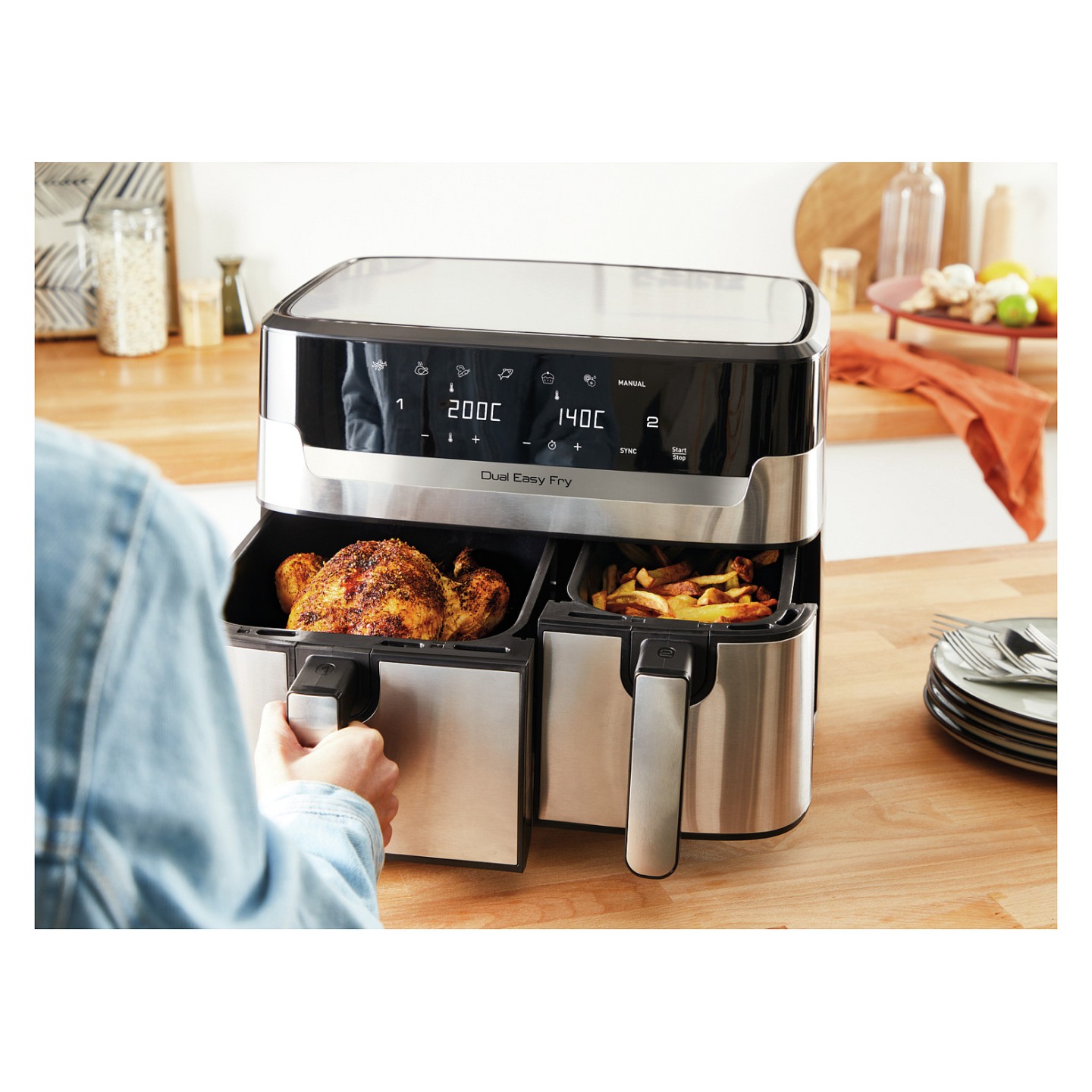 TEFAL Dual Easy Fry & Grill EY905D. Heißluftfritteuse. 8.3 l. Doppel. Edelstahl. Berührung. Eigenständig