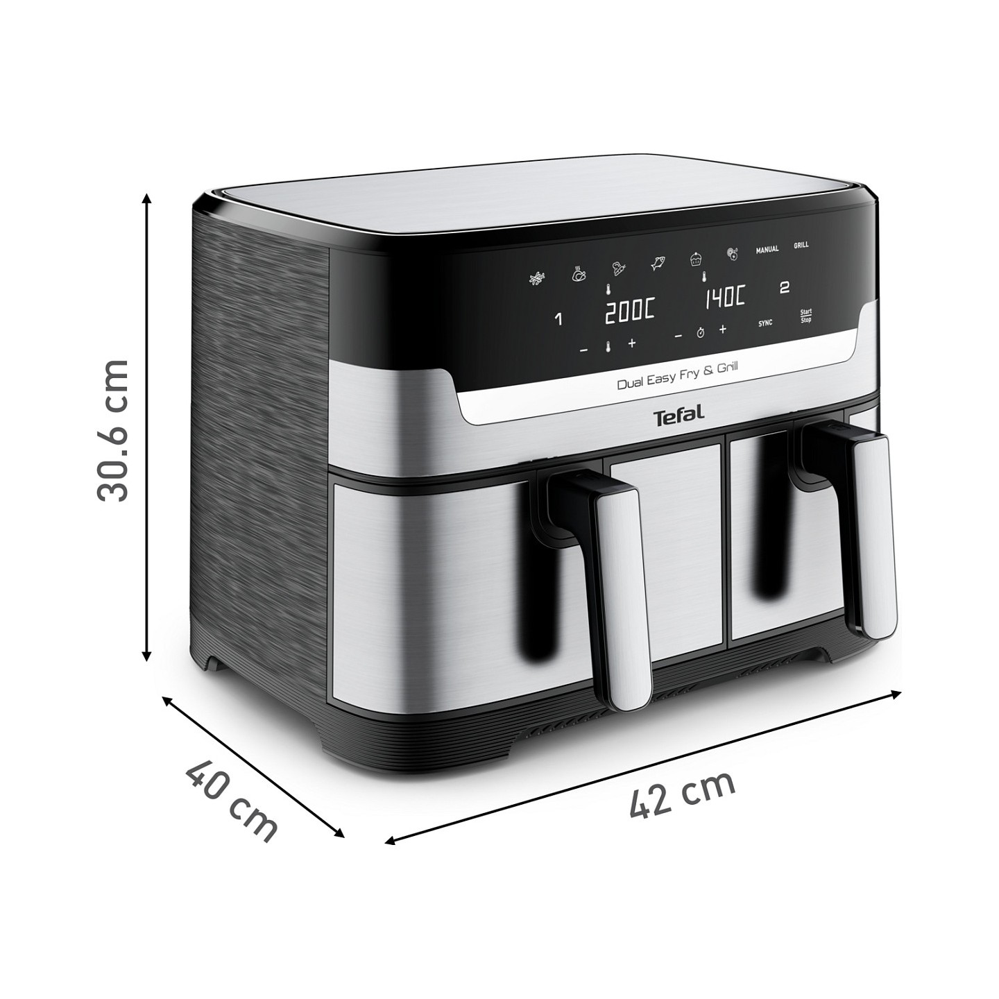 TEFAL Dual Easy Fry & Grill EY905D. Heißluftfritteuse. 8.3 l. Doppel. Edelstahl. Berührung. Eigenständig