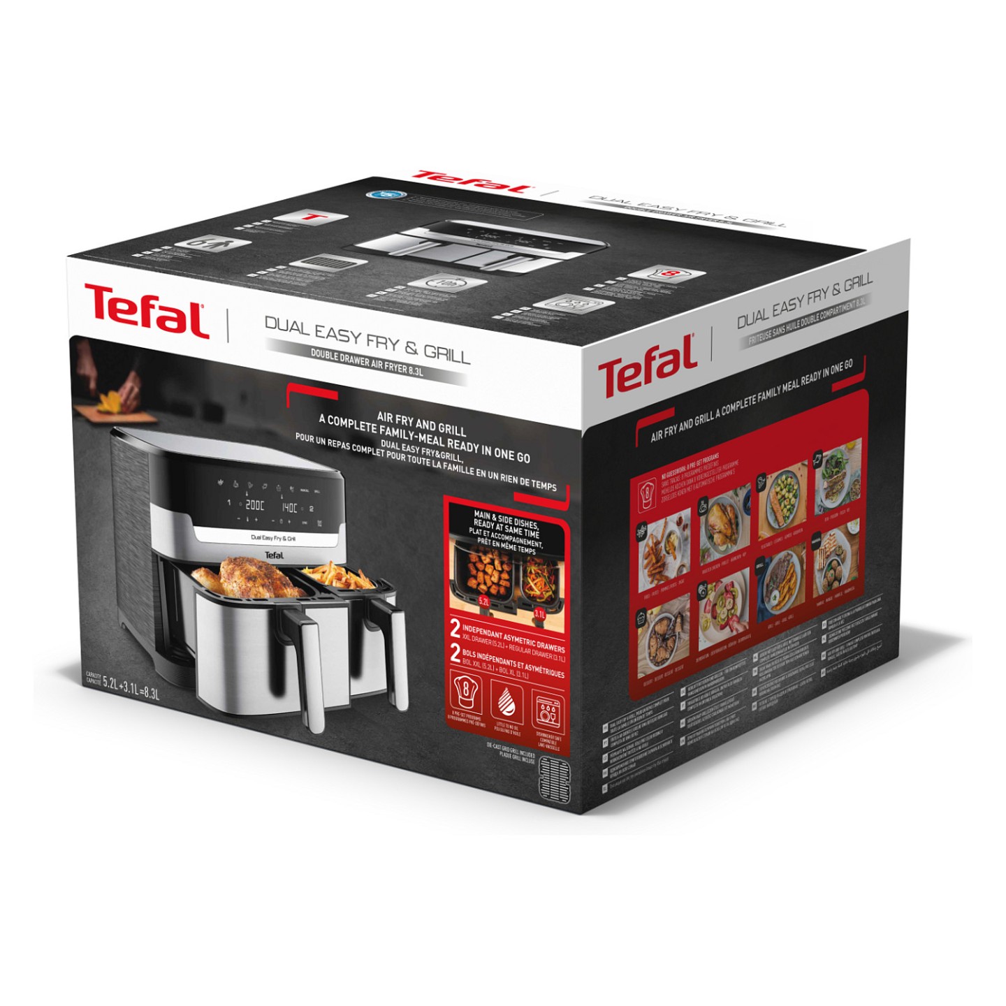 TEFAL Dual Easy Fry & Grill EY905D. Heißluftfritteuse. 8.3 l. Doppel. Edelstahl. Berührung. Eigenständig