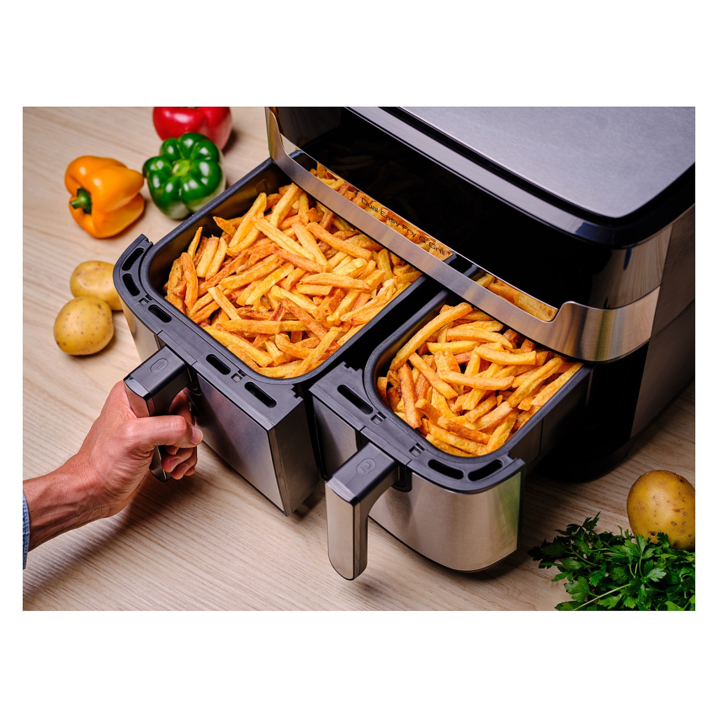 TEFAL Dual Easy Fry & Grill EY905D. Heißluftfritteuse. 8.3 l. Doppel. Edelstahl. Berührung. Eigenständig