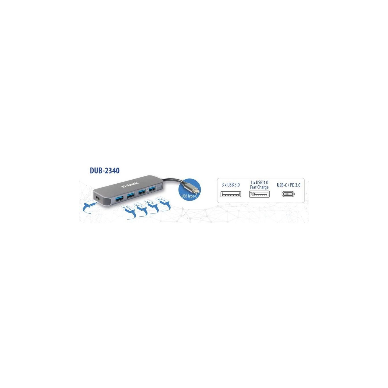 D-Link USB-C Hub - DUB-2340 - 4x USB 3.0, 1x USB-C, 60W Power Delivery, Grey — Buy in Cyprus with Fast Delivery