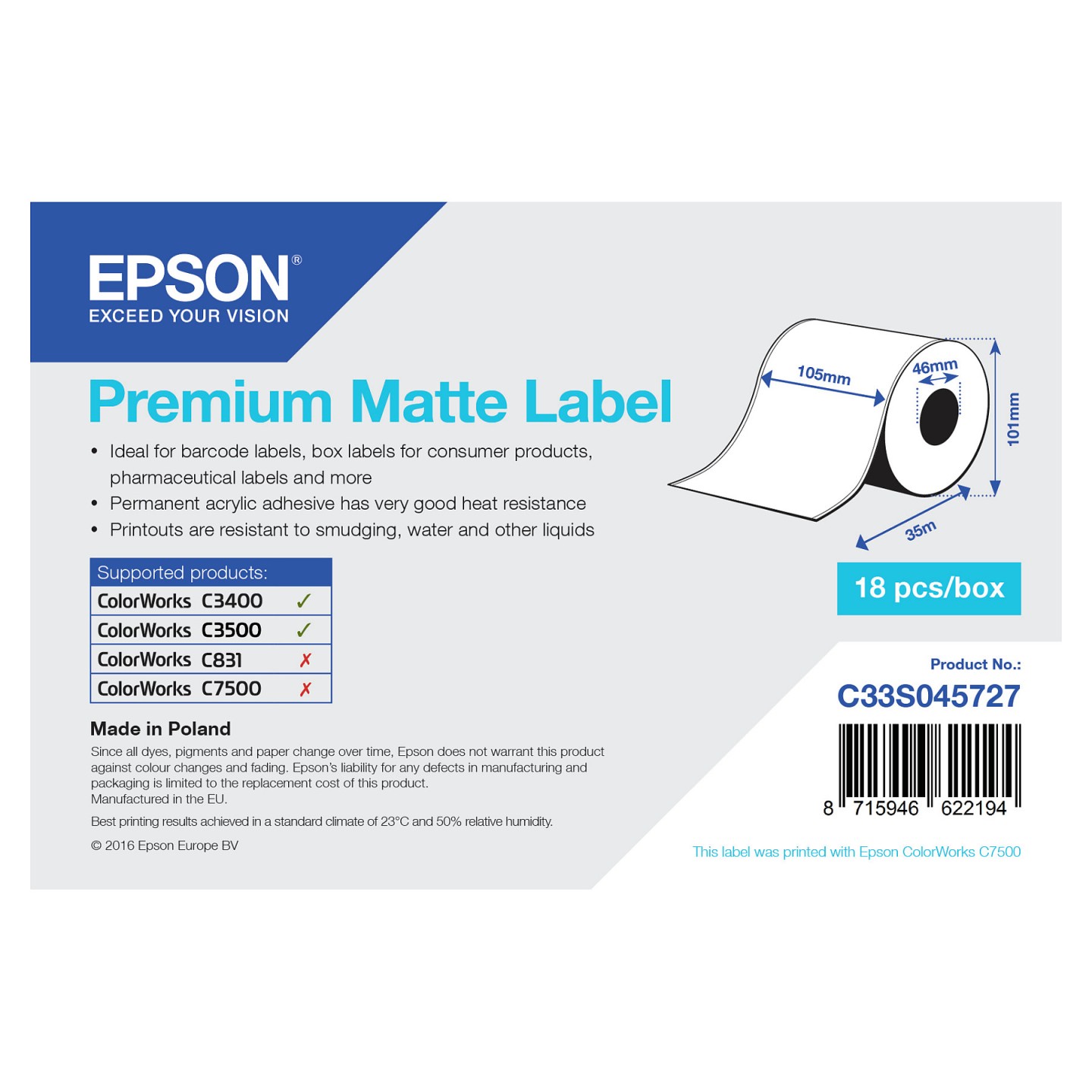 EPSON Premium Matte Label 105mmx35m Continuous Roll — Buy in Cyprus with Fast Delivery