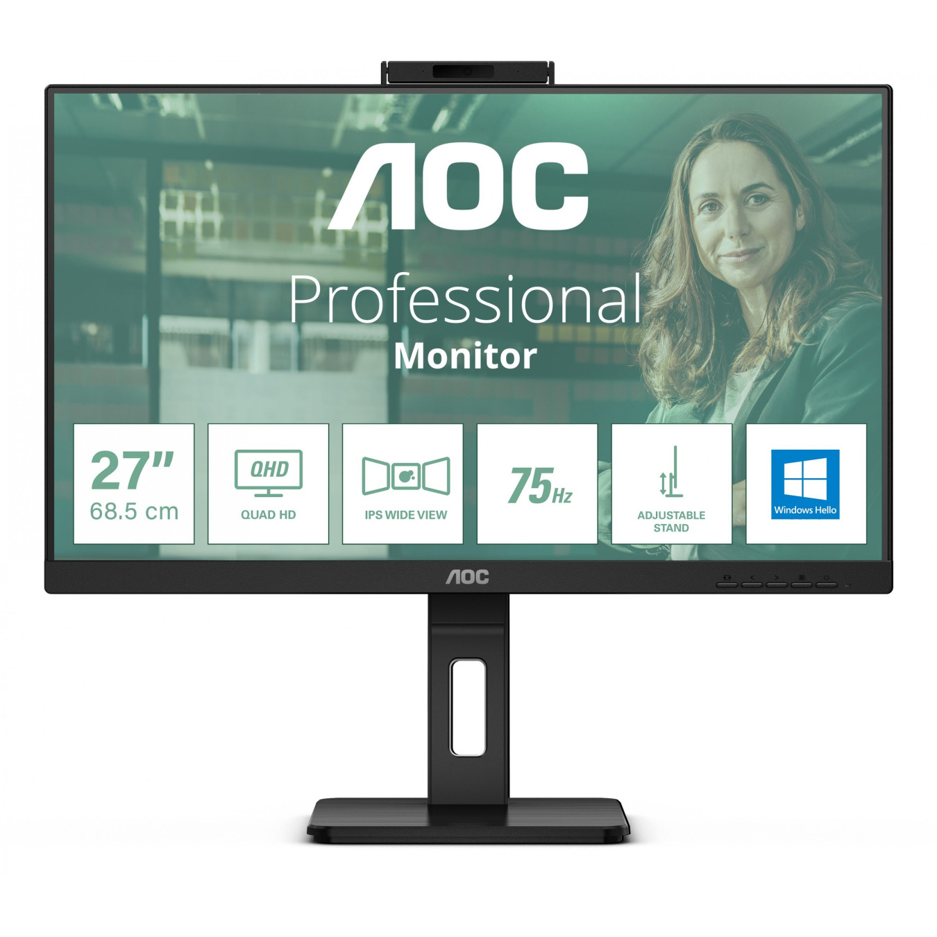 AOC Q27P3CW - 27in QHD (2560x1440) IPS Monitor with Webcam, USB-C PD65W, HDMI/DP, 75Hz, Black