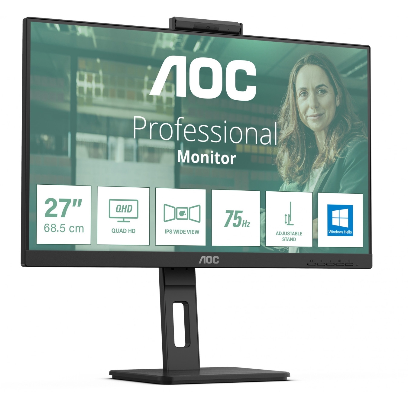 AOC Q27P3CW - 27in QHD (2560x1440) IPS Monitor with Webcam, USB-C PD65W, HDMI/DP, 75Hz, Black