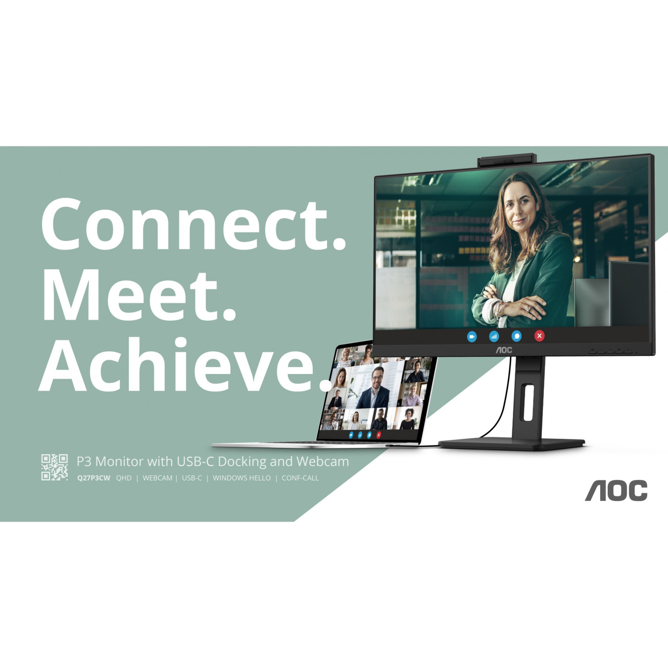 AOC Q27P3CW - 27in QHD (2560x1440) IPS Monitor with Webcam, USB-C PD65W, HDMI/DP, 75Hz, Black