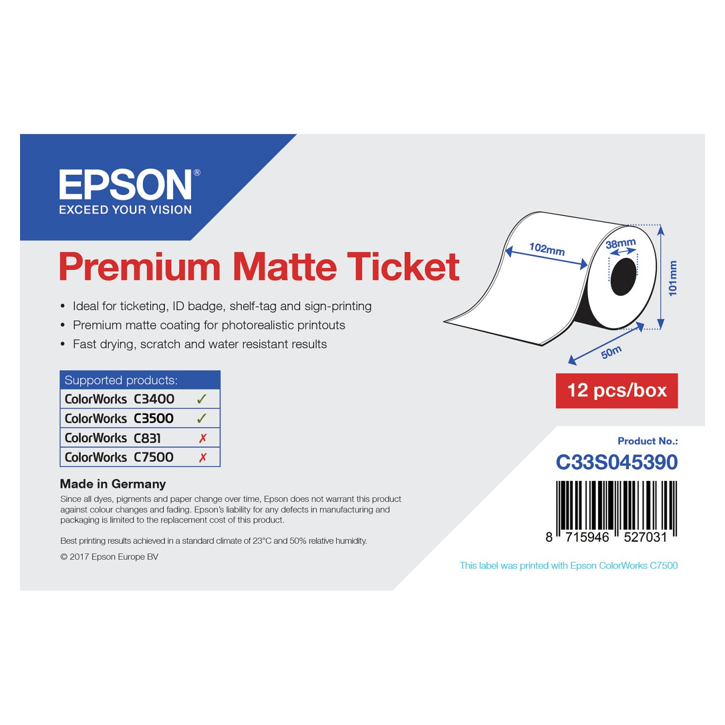 Epson Premium - Matte Etiketten - Rolle (10.2 cm x 50 m) - 1 Rolle(n) - für Epson TM-C3400-LT TM C3500