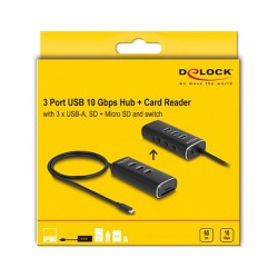 DELOCK 3 Port USB 10 Gbps Hub inklusive SD und Micro SD Card Reader mit USB Type-C Anschluss 60cm Kabel und Schalter ...