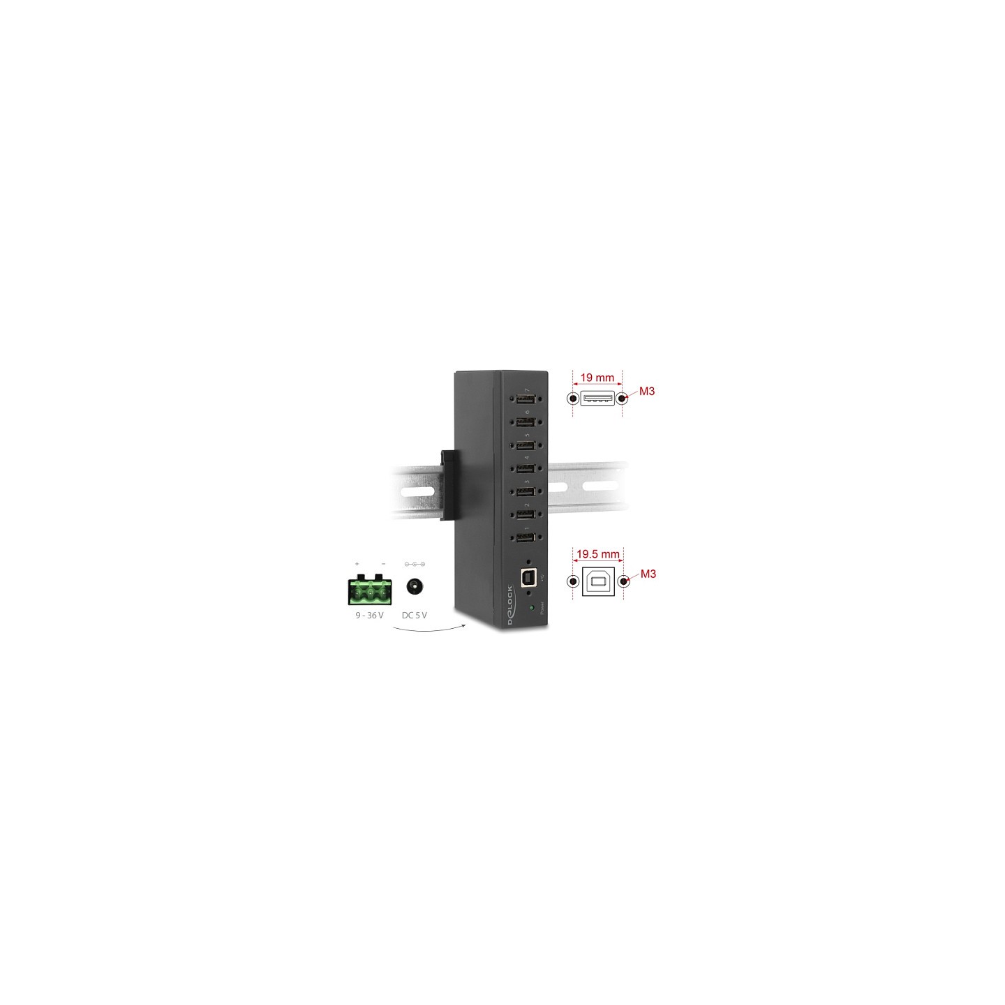 Industrie Hub 7 x USB 2.0 Typ-A mit 15 kV ESD Schutz und Hutschienenbefestigung — Buy in Cyprus with Fast Delivery
