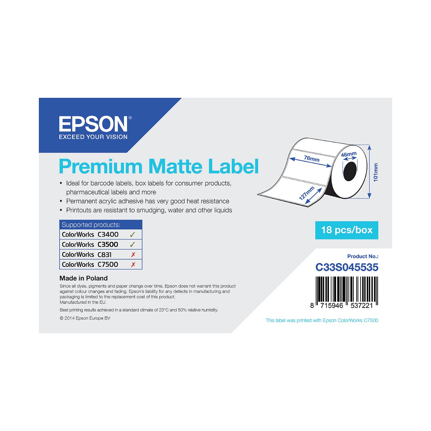 Epson Premium - Matte. gestanzte Etiketten - 76 x 127 mm - 265 Etikett(en) - für Epson TM-C3400-LT