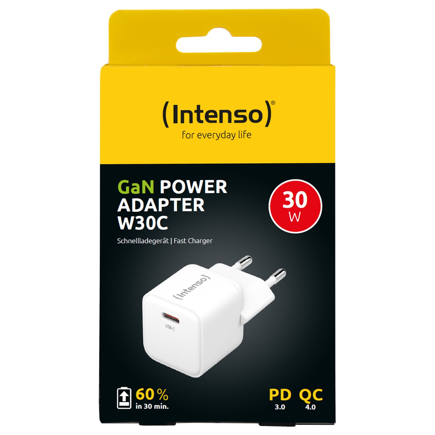 Intenso Netzteil Power Adapter W30C GaN. Anschluss: 1x USB-C Output: max. 30 Watt. GaN-Technologie. Weiß