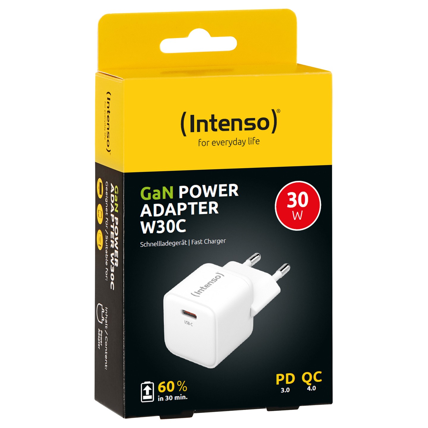 Intenso Netzteil Power Adapter W30C GaN. Anschluss: 1x USB-C Output: max. 30 Watt. GaN-Technologie. Weiß