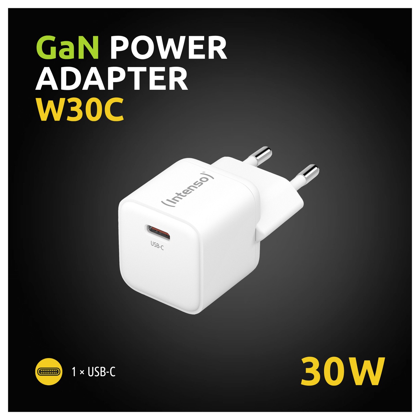 Intenso Netzteil Power Adapter W30C GaN. Anschluss: 1x USB-C Output: max. 30 Watt. GaN-Technologie. Weiß