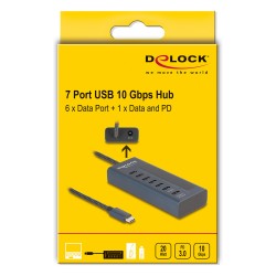 DELOCK USB 10 Gbps Hub mit 7 USB Type-C Ports davon 6 x Datenport + 1 x Daten und PD 20 Watt mit Leistungsanzeige
