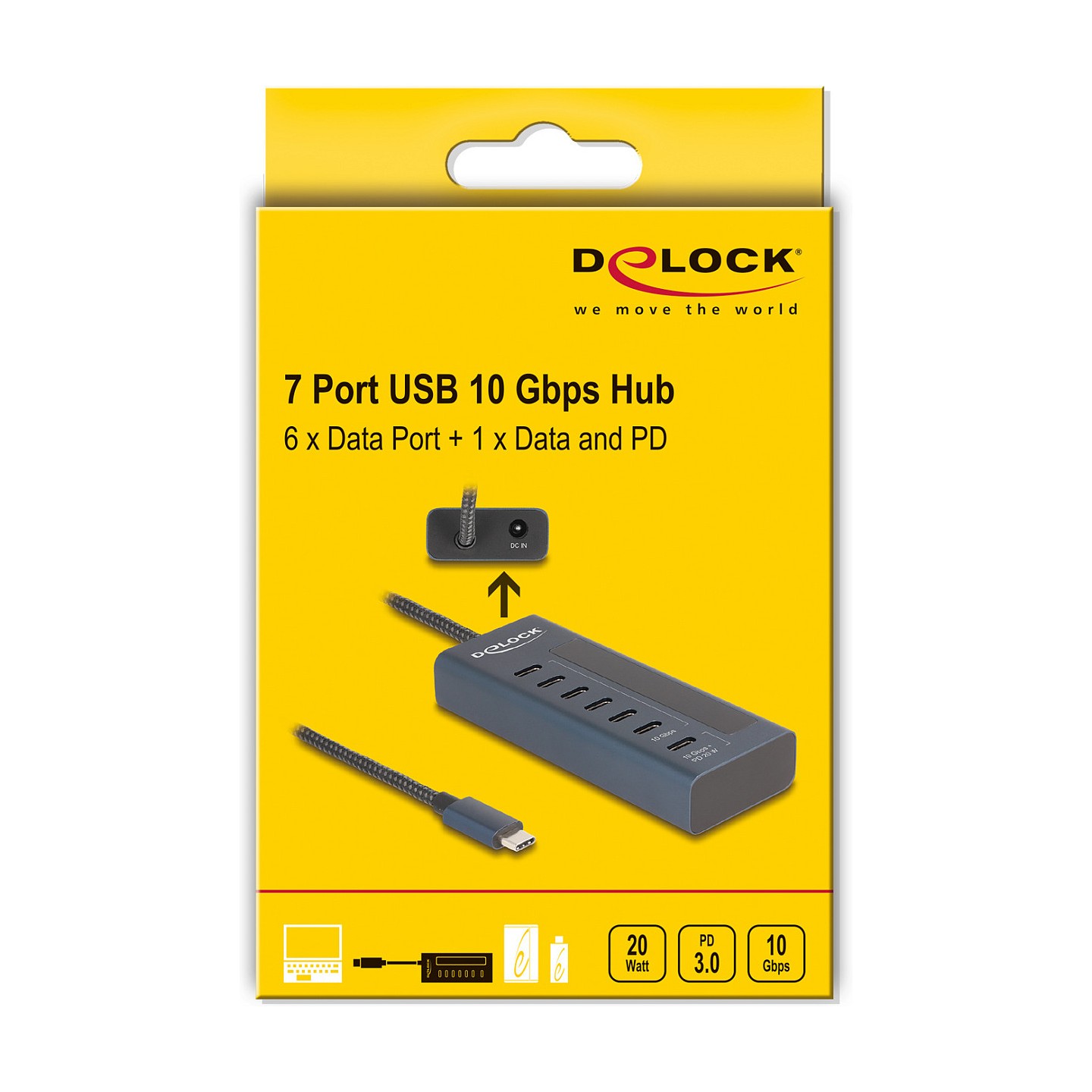 DELOCK USB 10 Gbps Hub mit 7 USB Type-C Ports davon 6 x Datenport + 1 x Daten und PD 20 Watt mit Leistungsanzeige