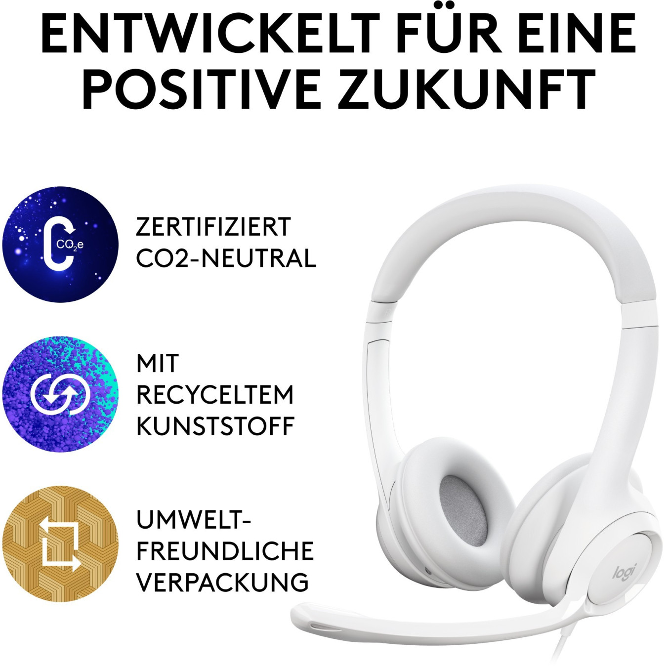 Logitech H390 USB Headset - Wired USB-A On‑Ear Headset - White, Boom Microphone, Inline Controls, 1.9m Cable