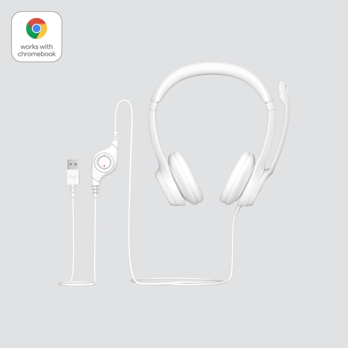 Logitech H390 USB Headset - Wired USB-A On‑Ear Headset - White, Boom Microphone, Inline Controls, 1.9m Cable
