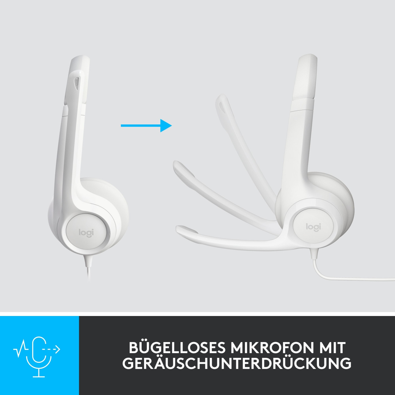 Logitech H390 USB Headset - Wired USB-A On‑Ear Headset - White, Boom Microphone, Inline Controls, 1.9m Cable