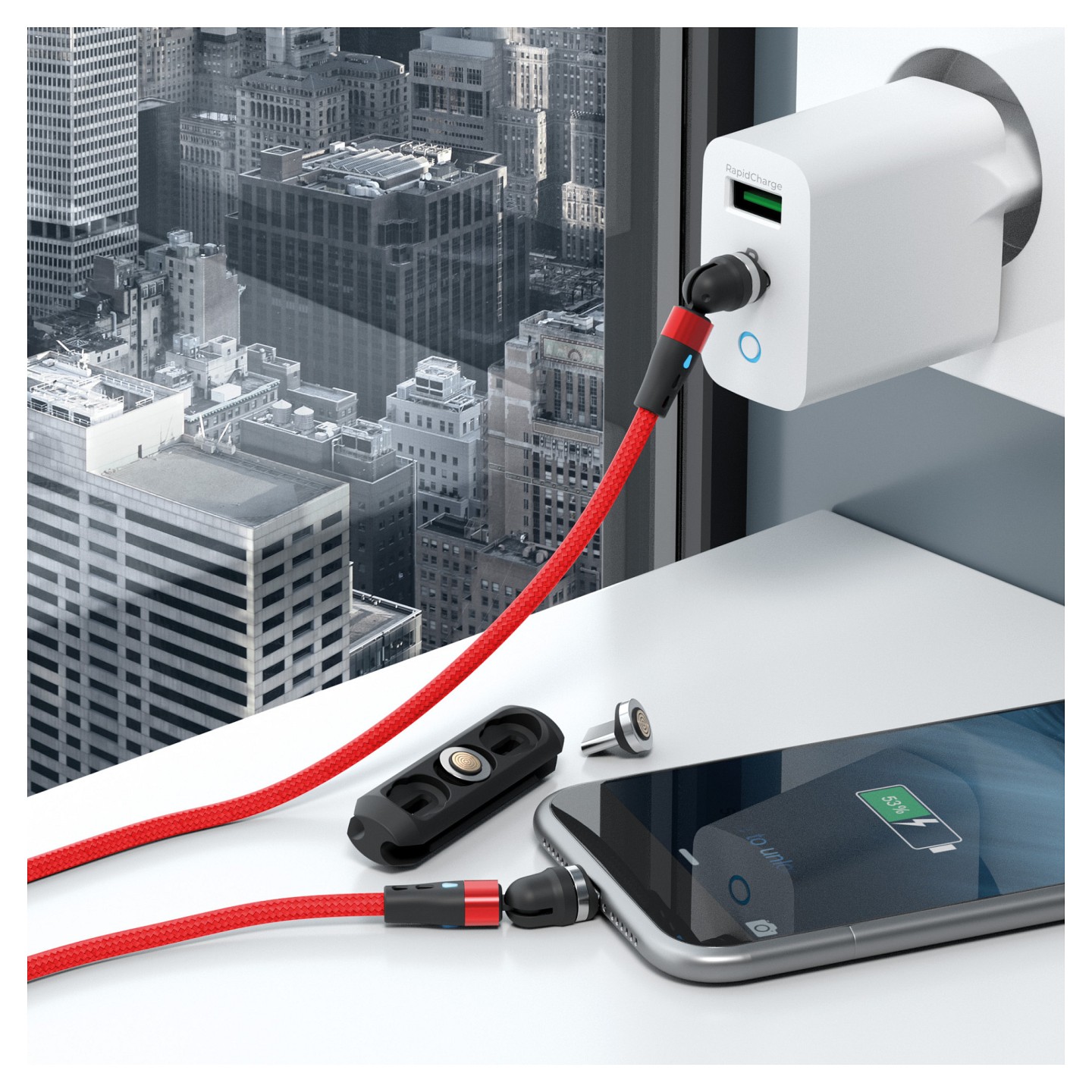 RealPower Magentic cable.1m.2x magnetisch.rot mit Adaptern — Buy in Cyprus with Fast Delivery