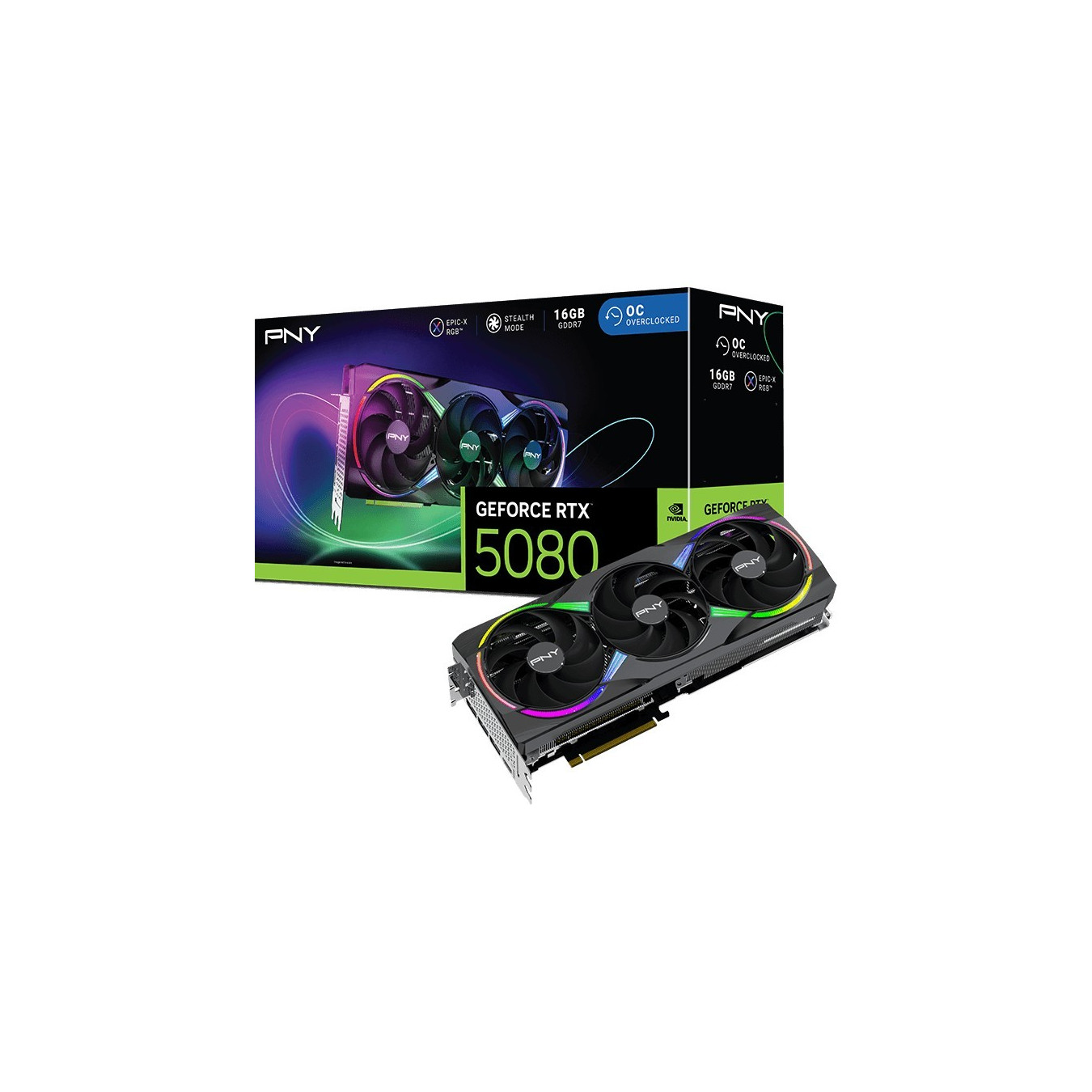 PNY GeForce RTX 5080 - VCG508016TFXXPB1-O - Black ARGB, 16GB GDDR7, OC (2775 MHz boost), PCIe 5.0, 3-fan