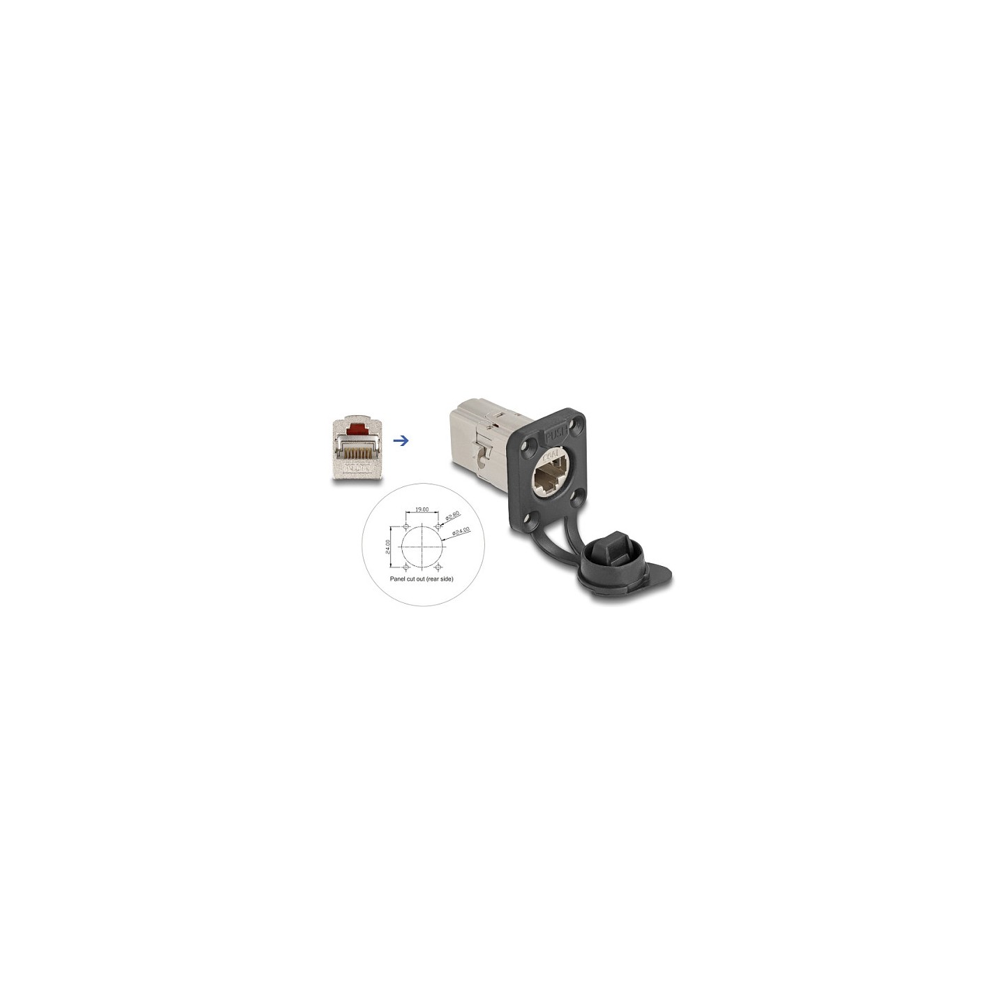 D-Typ RJ45 Einbaubuchse Kupplung Cat.6A STP mit Schutzkappe IP66 staub- und wasserdicht — Buy in Cyprus with Fast Delivery