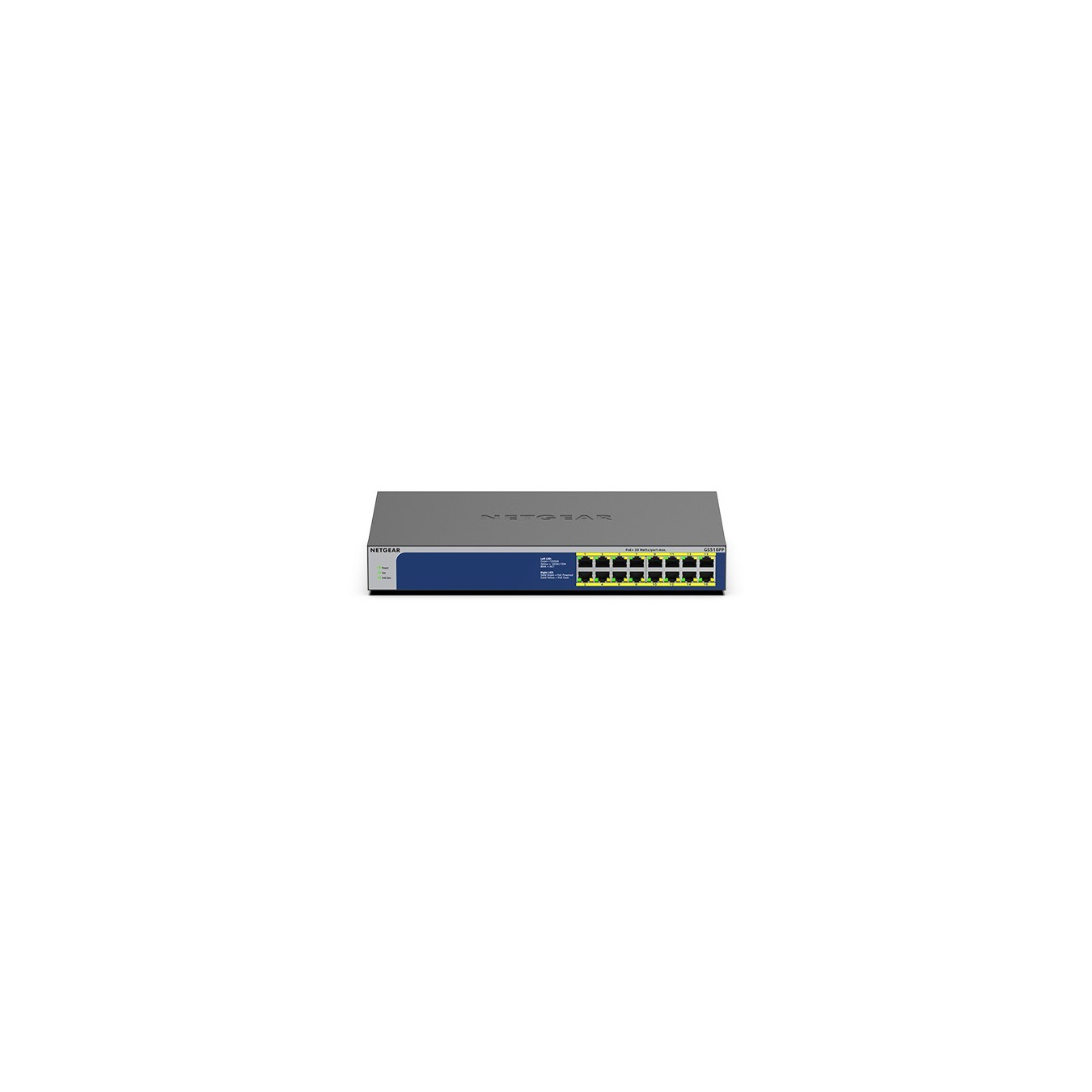 NETGEAR GS516PP-100EUS - 16-Port Gigabit Unmanaged PoE+ Switch, 260W Budget, Rackmount, Blue/Grey