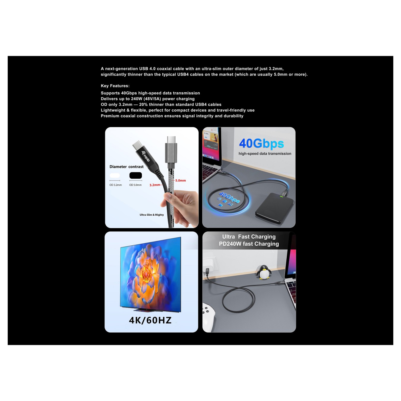 Buy Equip Kabel USB-C4.0- to C Slim PD240W St St 1.20m schwarz in Cyprus, Nicosia, Limassol, Larnaka, Pafos