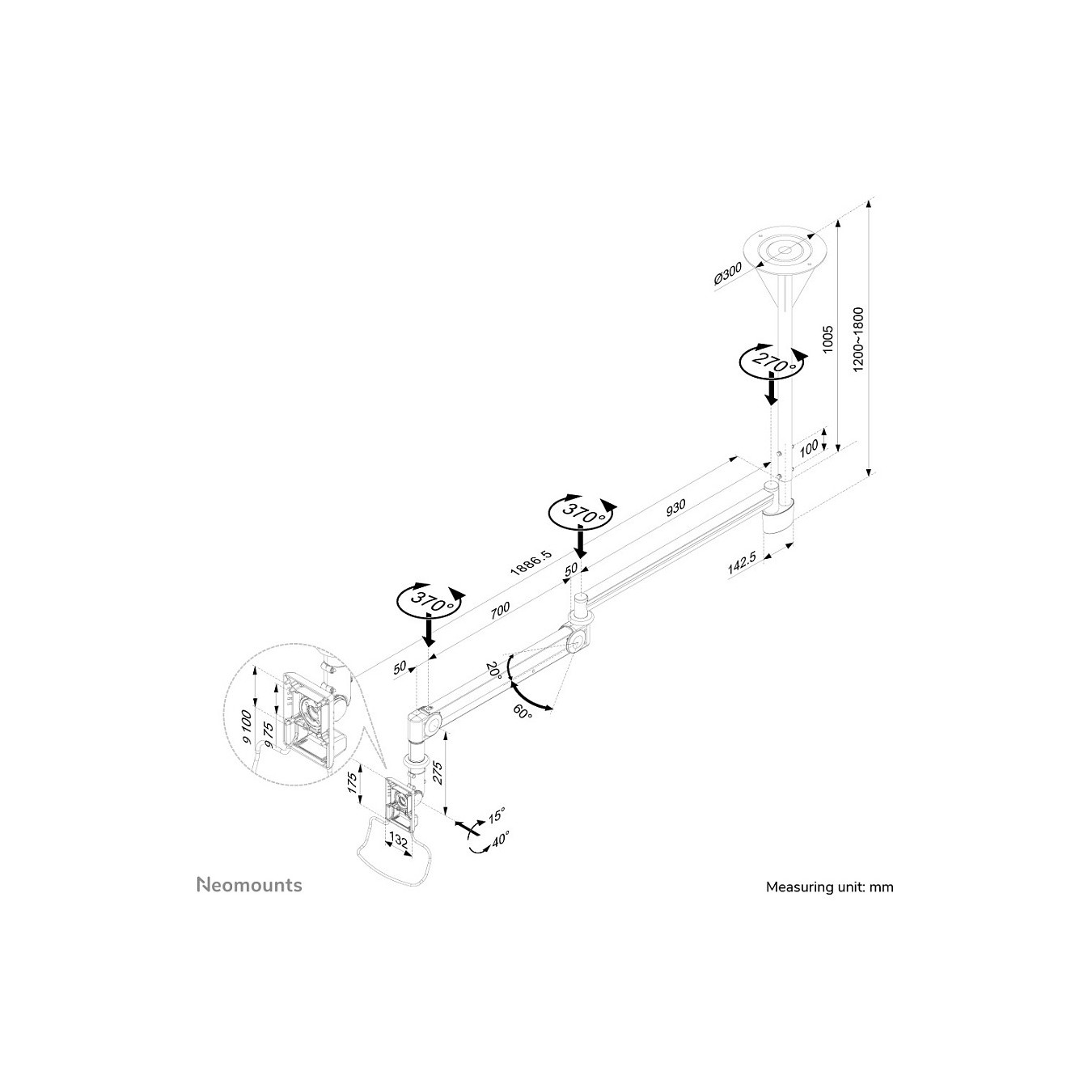Buy NEOMOUNTS FPMA-HAC100H Medical LCD Ceiling Mount 25,4-81,28cm 10-32Zoll kipp- schwenkbar pivot VESA 75x75 100x100 12k... in 
