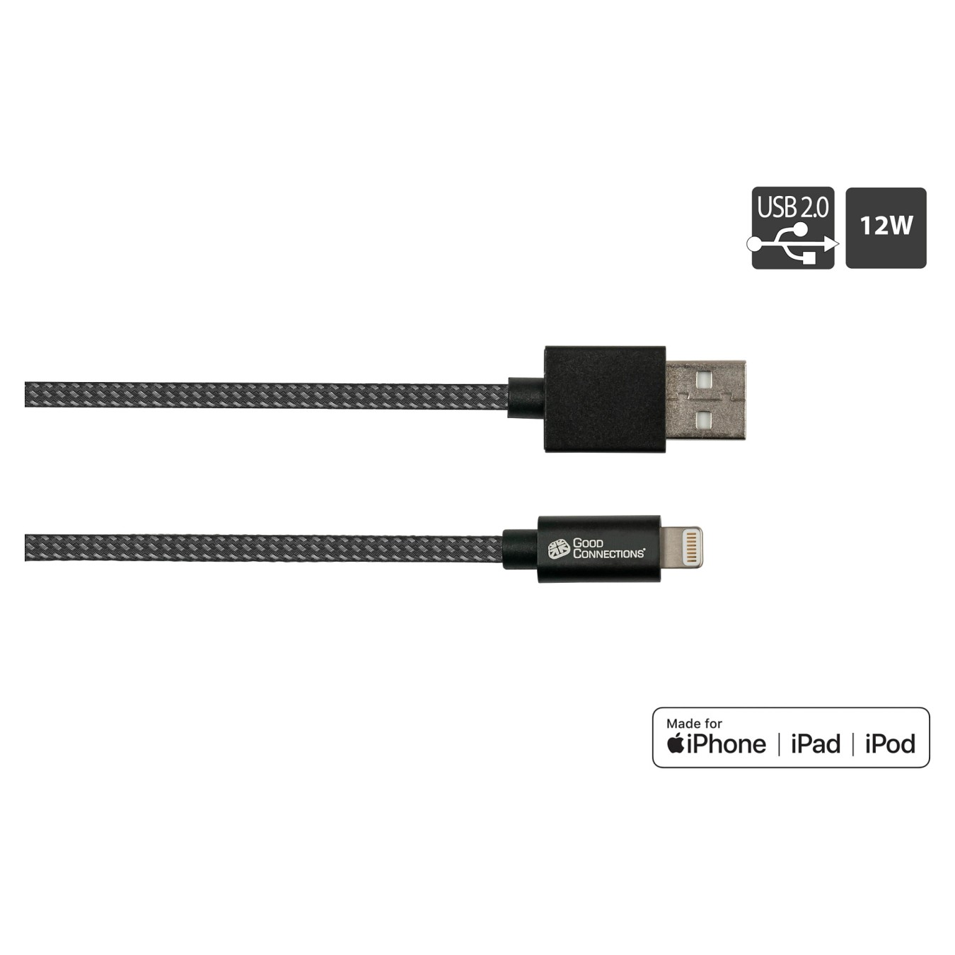 Buy GoodConnections USB-A 2.0 to Lightning (ST-ST) 0,5m Ladekabel Textilmantel 12W Schwarz in Cyprus, Nicosia, Limassol, Larnaka
