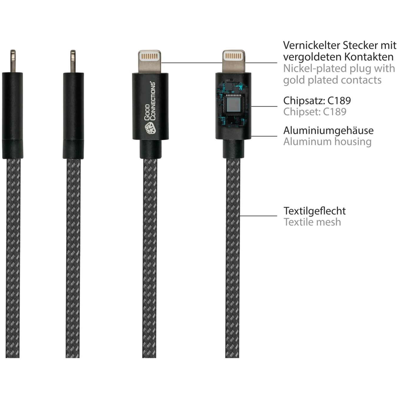 Buy GoodConnections USB-A 2.0 to Lightning (ST-ST) 0,5m Ladekabel Textilmantel 12W Schwarz in Cyprus, Nicosia, Limassol, Larnaka