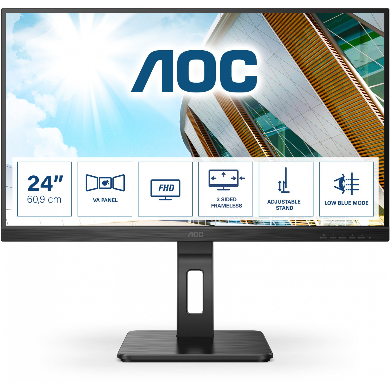 AOC Pro-line 24P2QM - 23.8" FHD VA Monitor, 75Hz 4ms, DP/HDMI/DVI/VGA, USB 3.2 Hub, Speakers, Pivot - Black