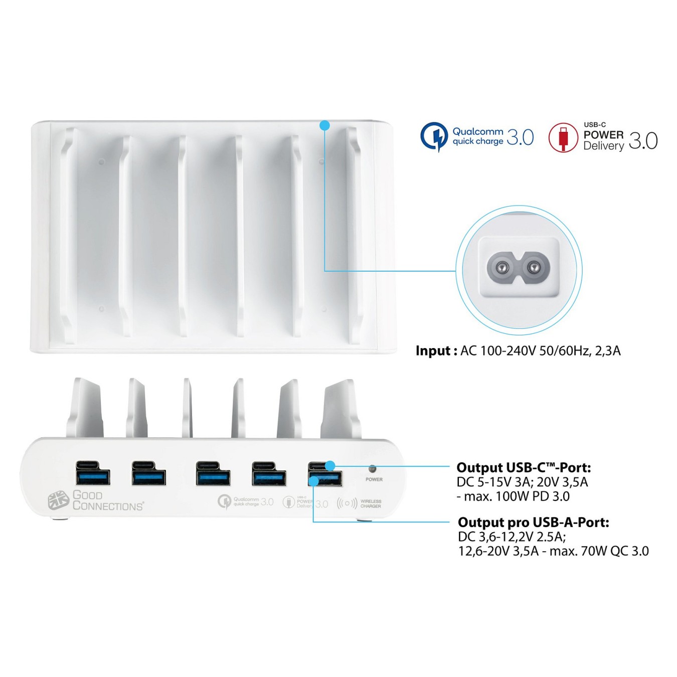 Buy GoodConnections USB Desktop Schnellladestation 110W 10-Port 5xUSB-C 5xUSB-A QC3.0 Weiß in Cyprus, Nicosia, Limassol, Larnaka