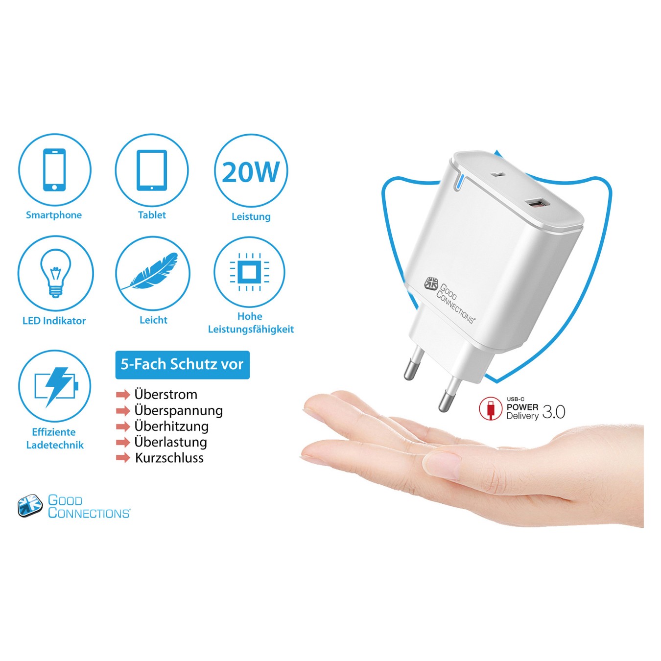 Buy GoodConnections Charger 20W 2-Port USB-A USB-C Weiß in Cyprus, Nicosia, Limassol, Larnaka, Pafos