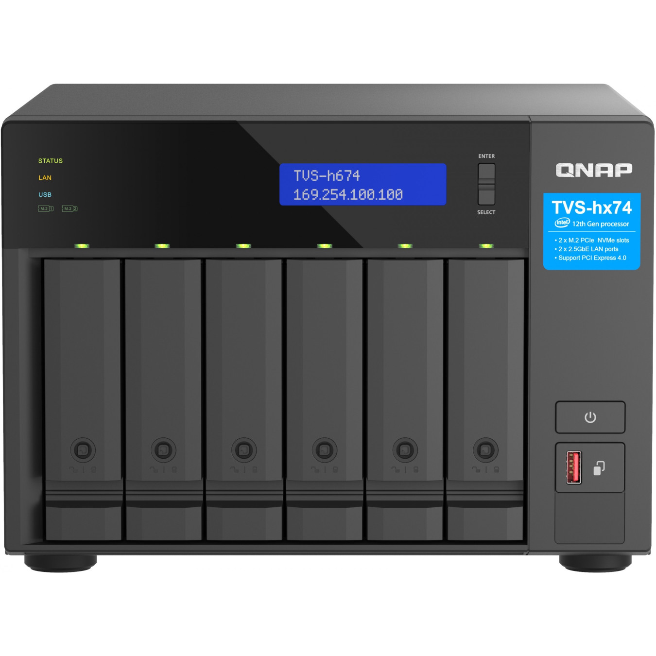 QNAP TVS-h674T - i5-12400 32GB DDR4 NAS Tower - 6-Bay, Black, Intel i5 2.5–4.4GHz, 2x2.5GbE, 2x M.2