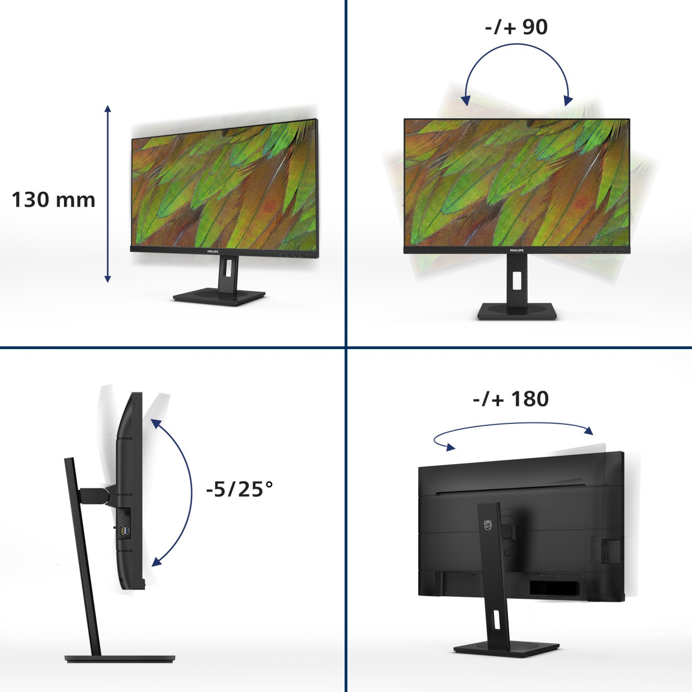 Philips 27B1U3900 - 27-inch 4K UHD IPS Monitor, USB-C 90W PD, 2xHDMI + DP1.4, Ergonomic Lift Stand, Black