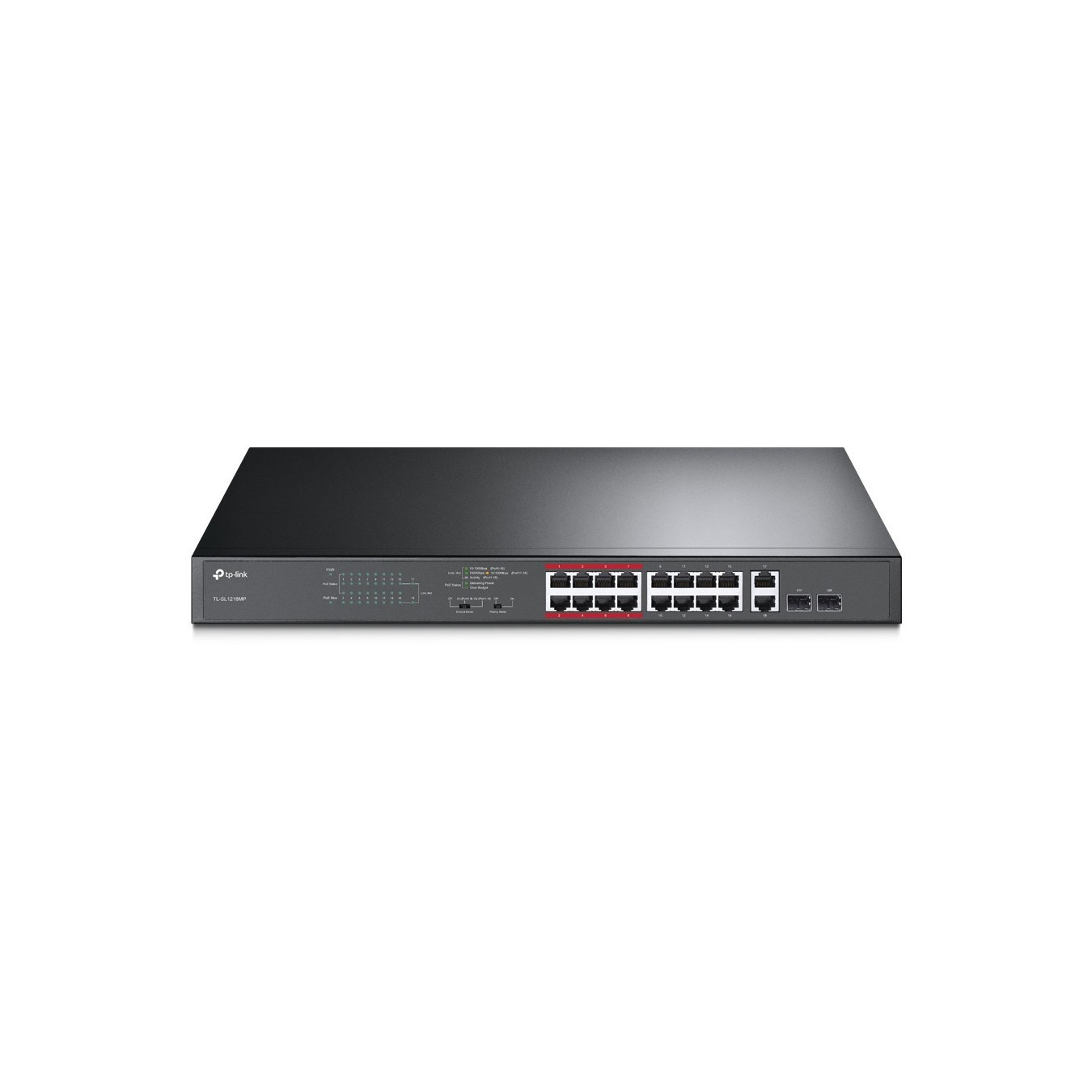 TP-Link TL-SL1218MP - 16-Port PoE+ Unmanaged Switch (16×10/100 + 2×Gigabit), 192W PoE Budget, Black