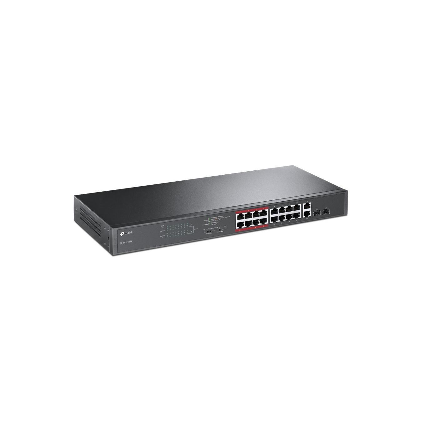 TP-Link TL-SL1218MP - 16-Port PoE+ Unmanaged Switch (16×10/100 + 2×Gigabit), 192W PoE Budget, Black