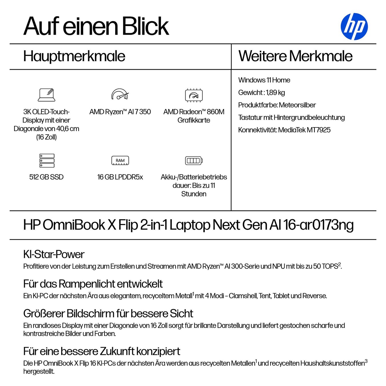 Buy HP OmniBook X Flip 16-ar0173ng RYZ AI 7 350 16GB 512SSD W11 Home Touch in Cyprus, Nicosia, Limassol, Larnaka, Pafos